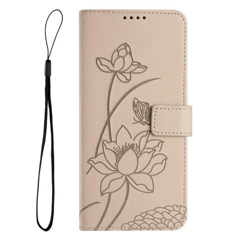 For iPhone 17 Pro Max Lotus Embossed Leather Phone Case with Lanyard(Beige)